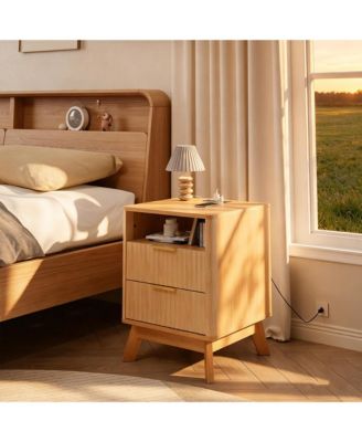 Fluted Nightstand with Charging Station - Curved Side Table with 2 Drawers, Wood Color End Table for Bedroom or Living Room