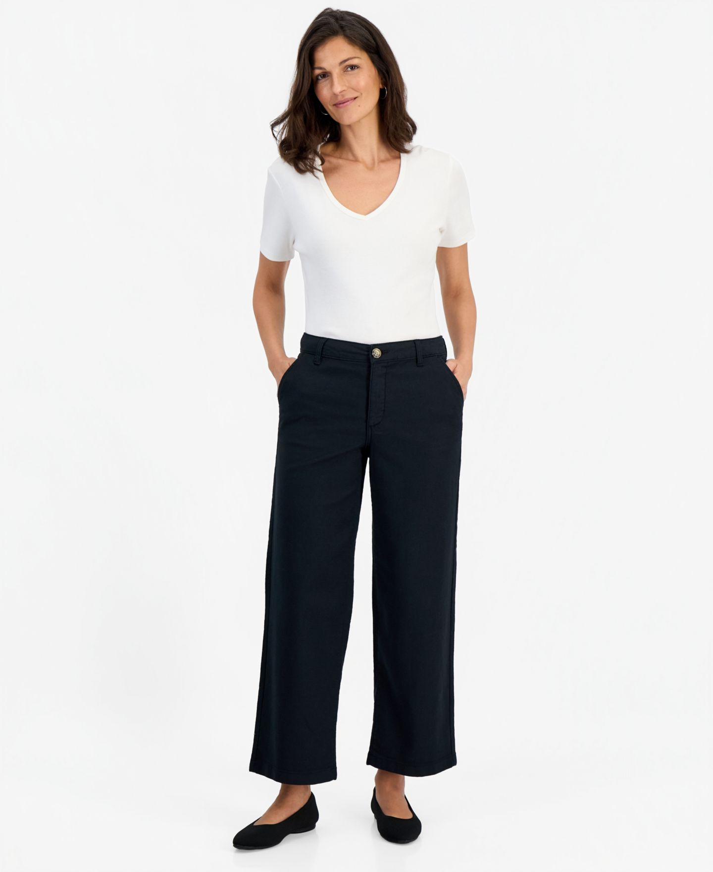 Женские брюки Style & Co High Stretch High-Rise Cropped Wide-Leg, цвет: Глубокий чёрный — фото 1