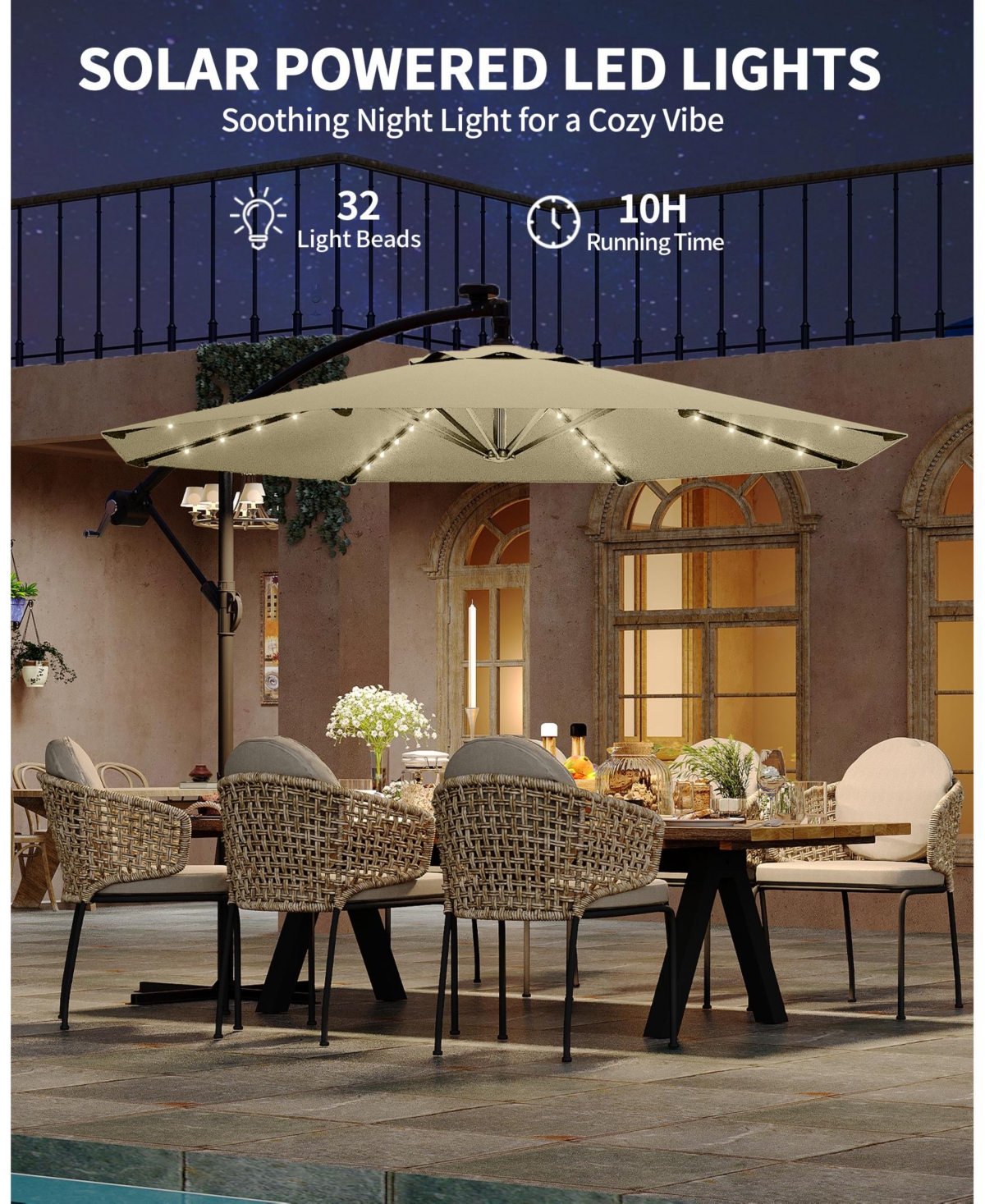 gaomon 10Feet Uv-Resistant Offset Patio Umbrella with Solar Led Lights for Backyard