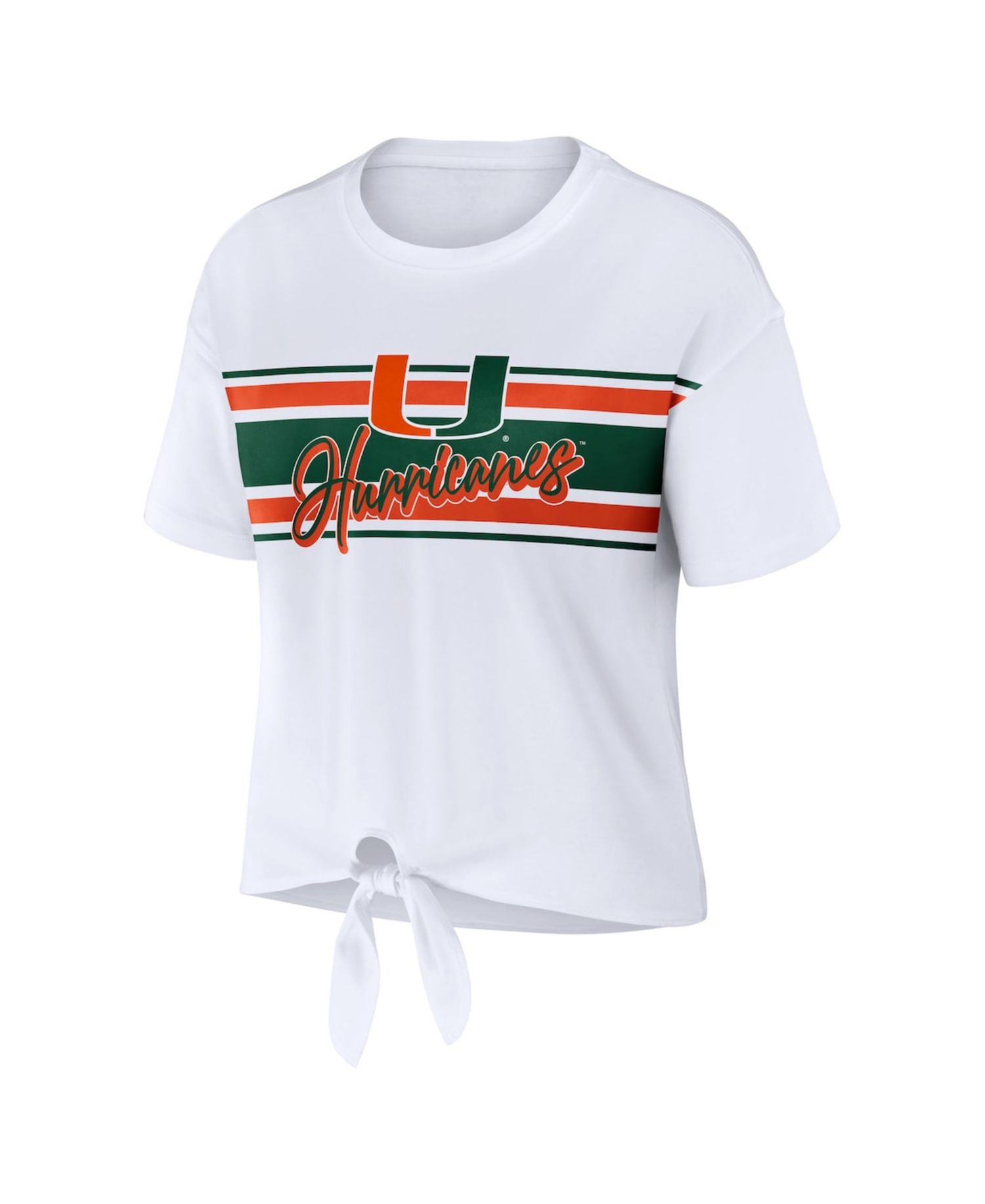 Women's White Miami Hurricanes Striped Front Knot Cropped T-Shirt