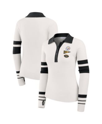 Women's White Pittsburgh Steelers Ribbed Henley Polo Sweater