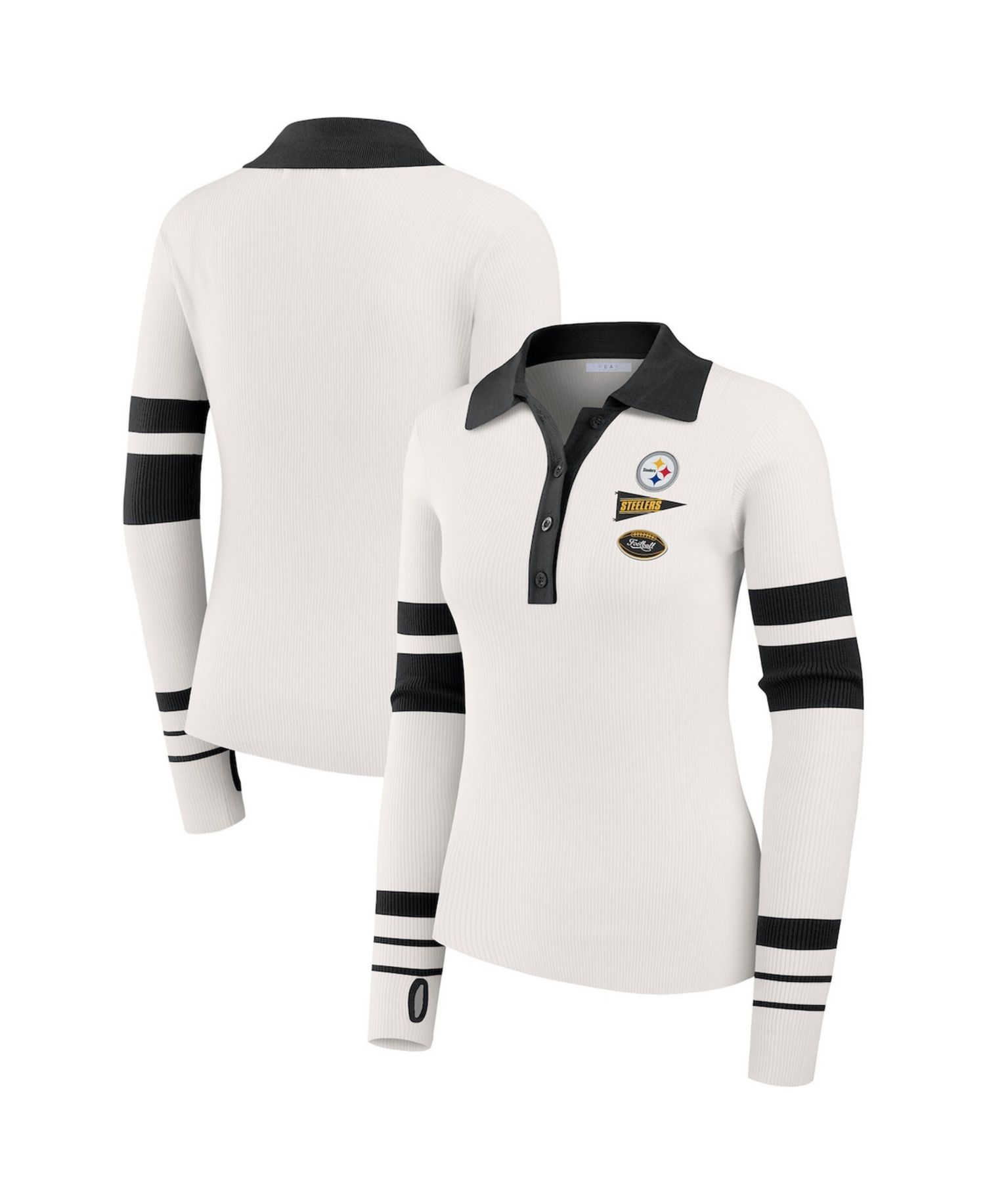 Women's White Pittsburgh Steelers Ribbed Henley Polo Sweater