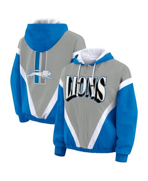 Женские худи WEAR by Erin Andrews Women's Blue/Gray Detroit Lions Plus Size Retro Crinkle Full-Zip Windbreaker Jacket