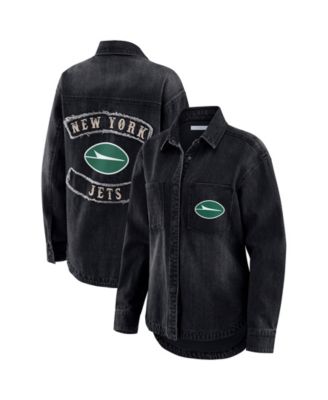 Women's Black New York Jets Washed Oversized Denim Full-Snap Shacket
