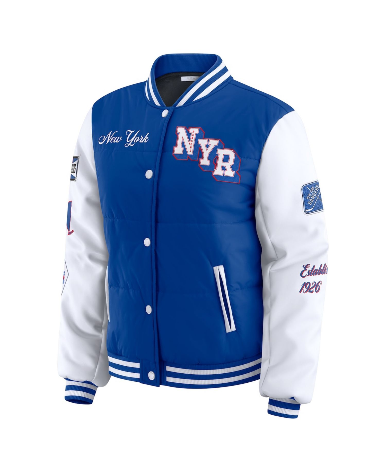 Women's Blue/White New York Rangers Varsity Full-Snap Puffer Jacket