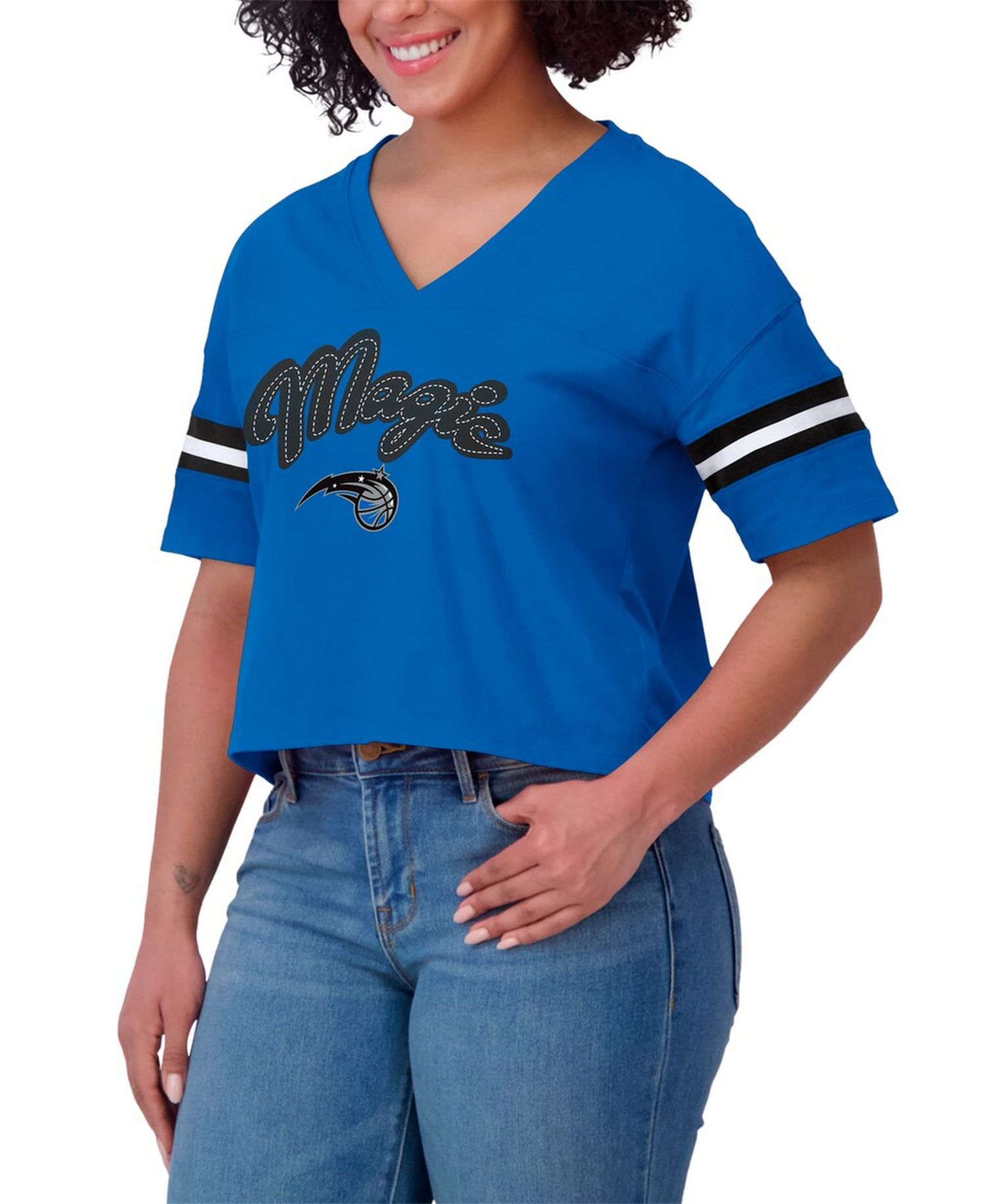Women's Blue Orlando Magic Plus Size Color Block Boxy V-Neck T-Shirt