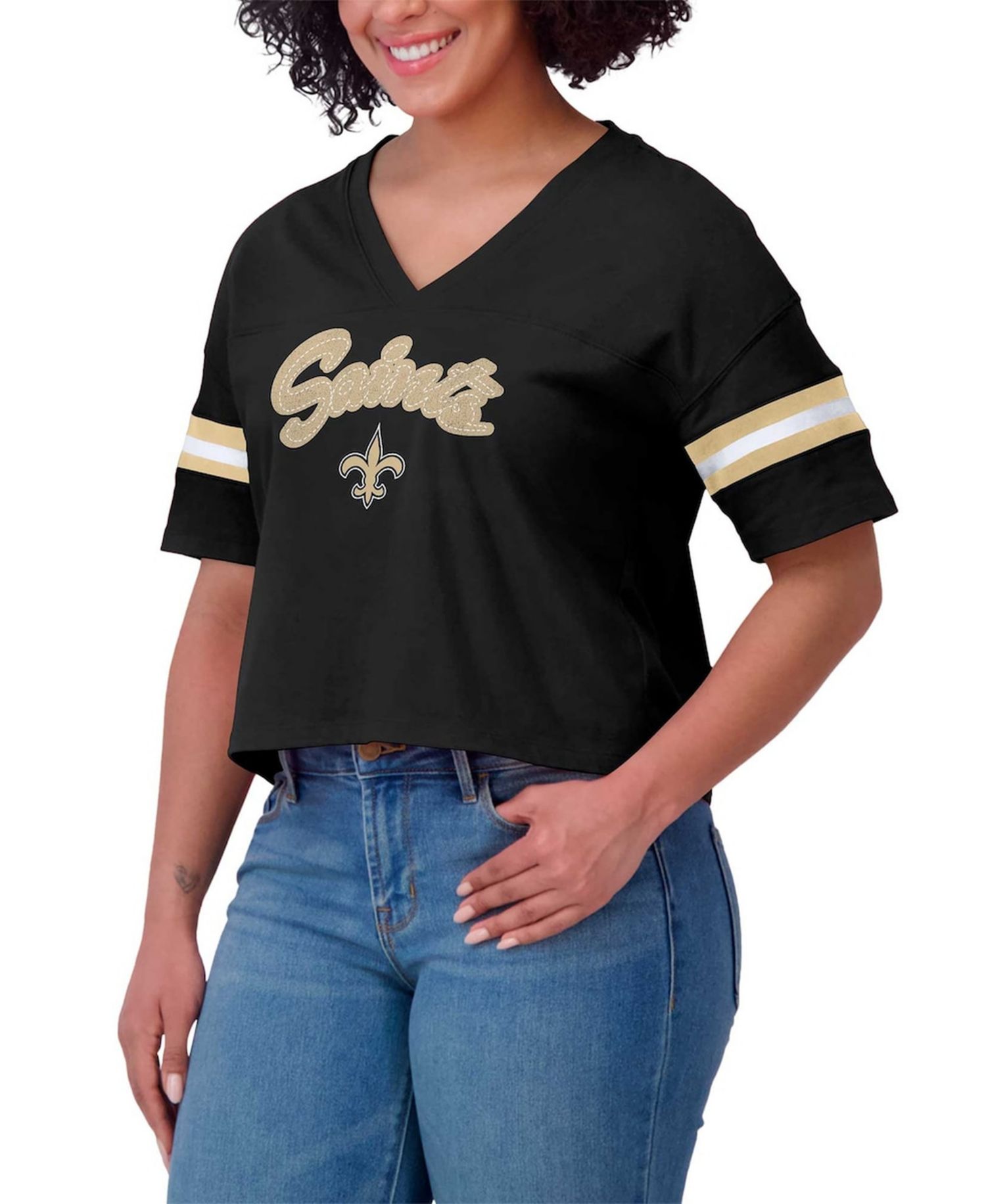 Women's Black New Orleans Saints Plus Size Color Block Boxy V-Neck T-Shirt