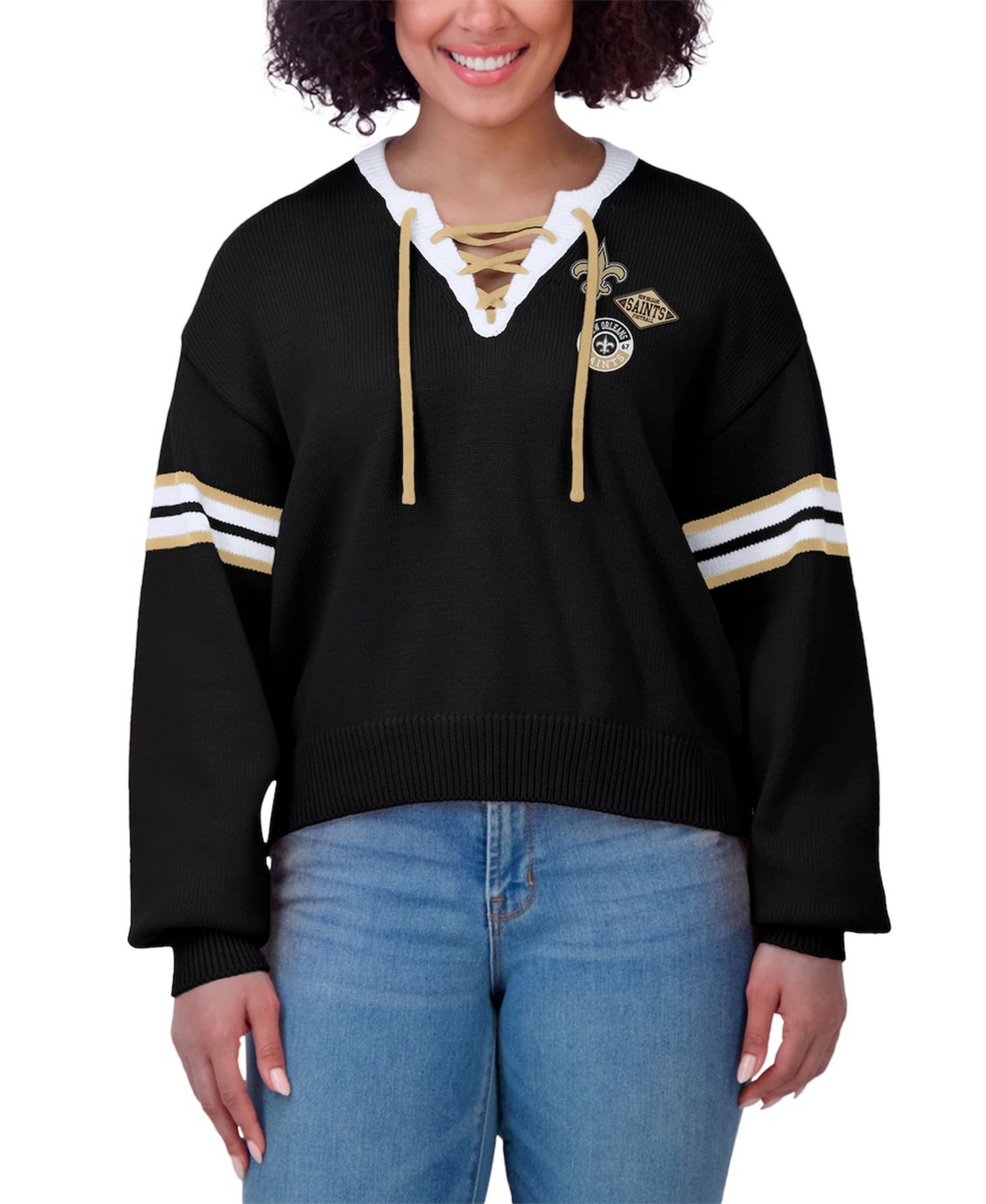 Women's Black New Orleans Saints Lace-Up Pullover Sweatshirt
