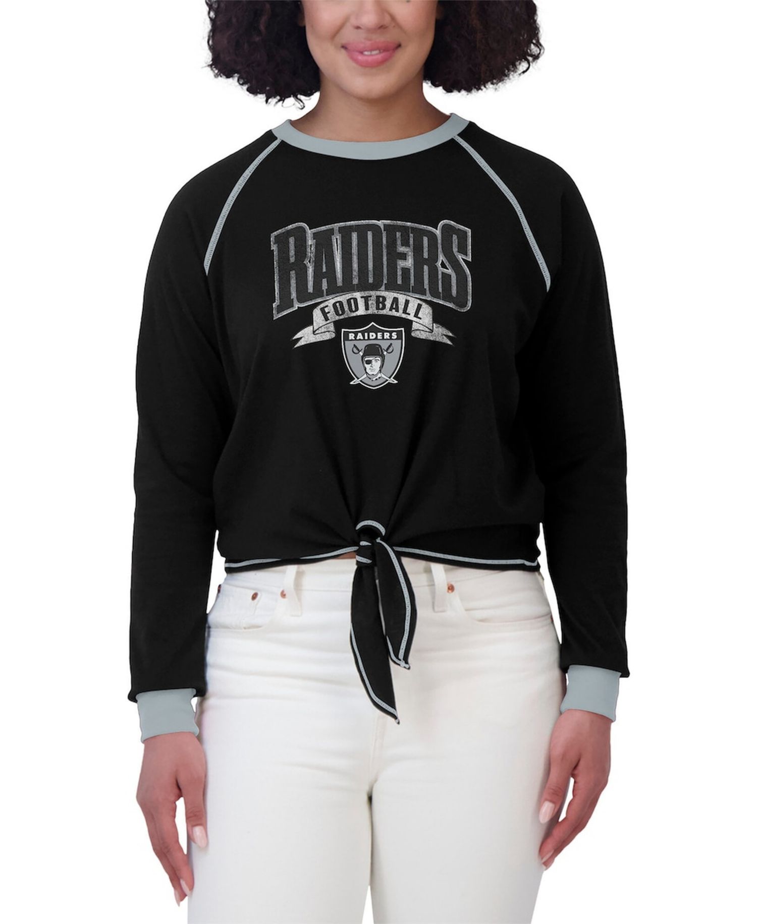 Women's Black/Gray Las Vegas Raiders Tie-Front Long Sleeve Top