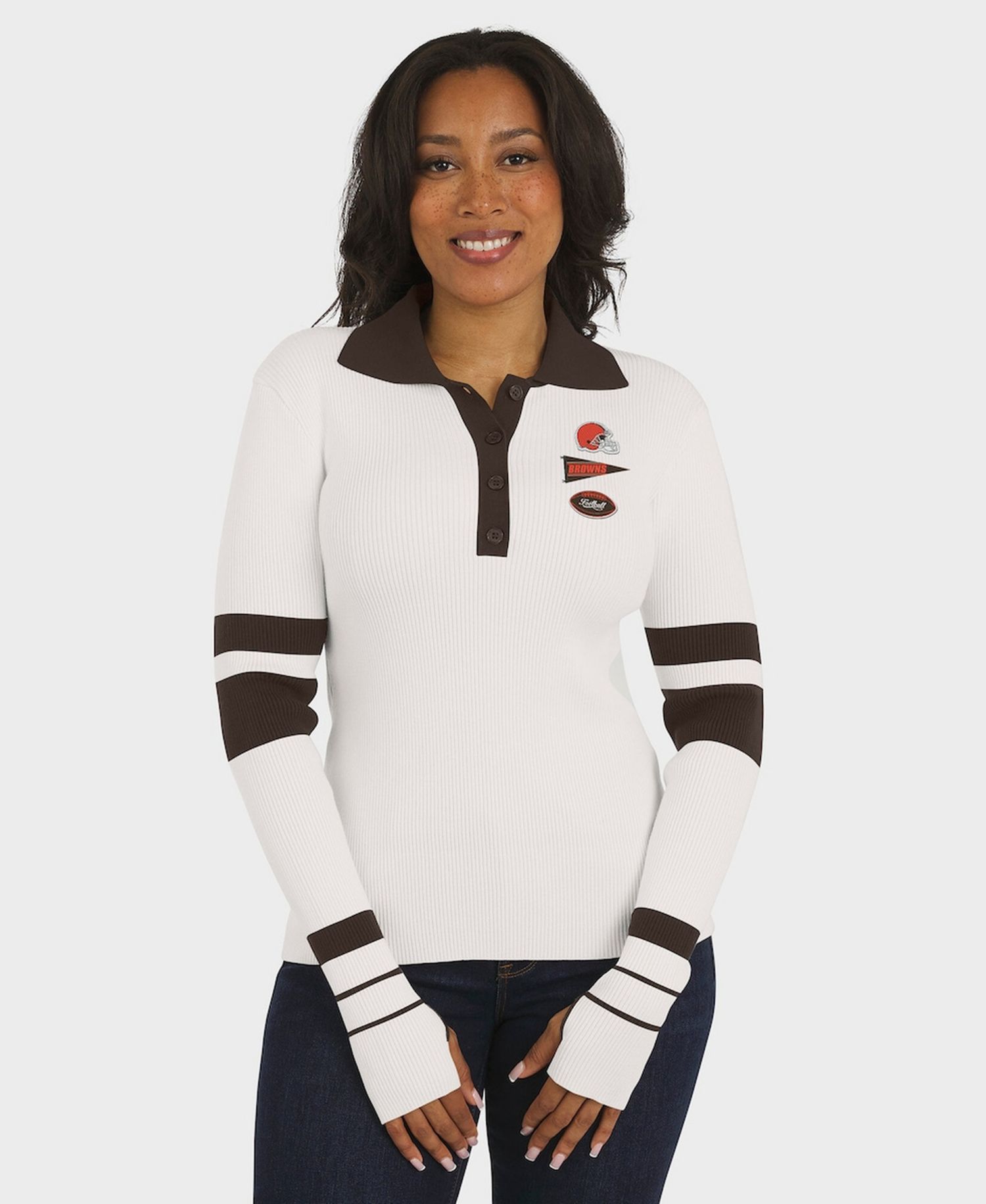Women's White Cleveland Browns Ribbed Henley Polo Sweater