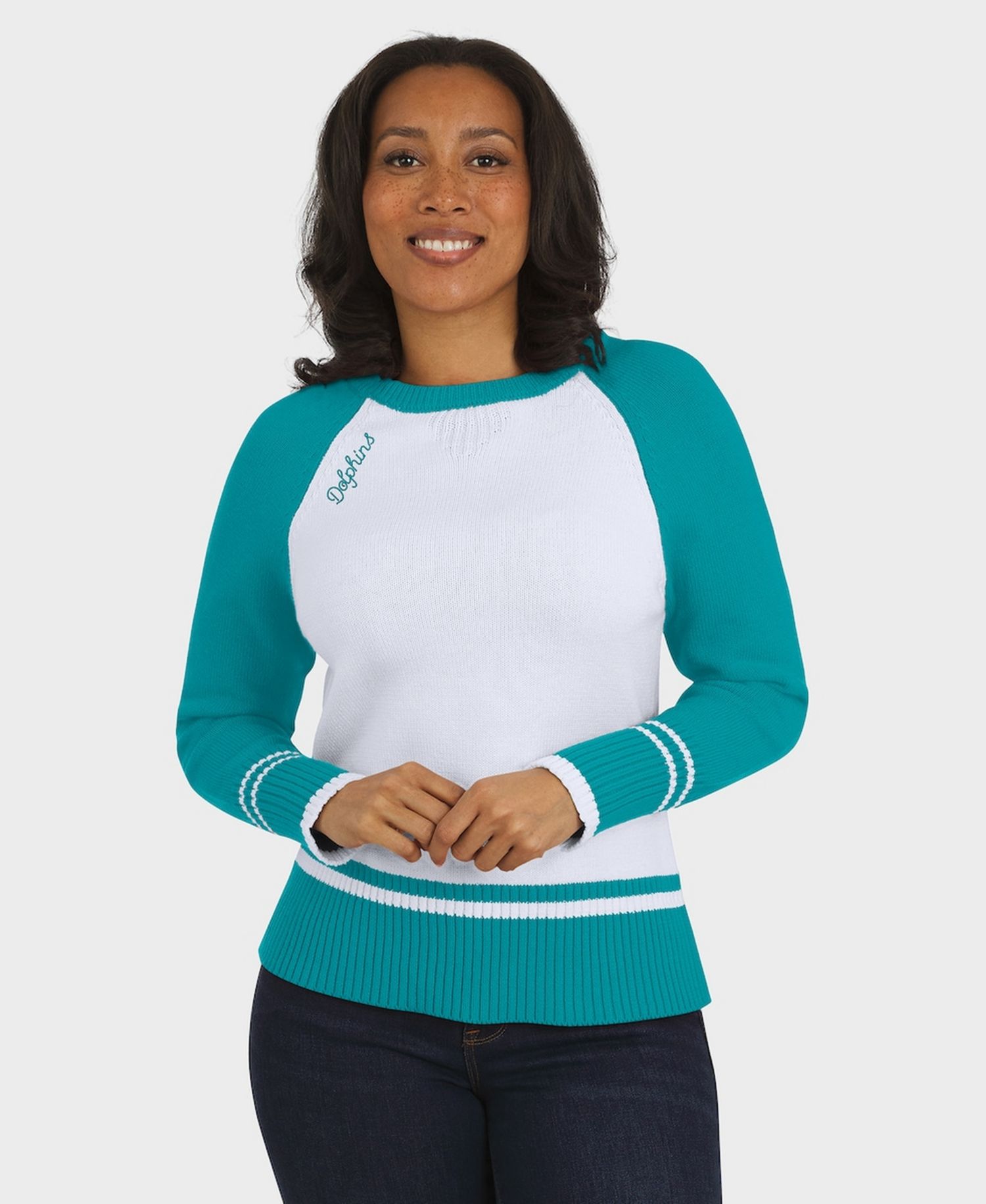 Women's White/Aqua Miami Dolphins Color block Raglan Sweater