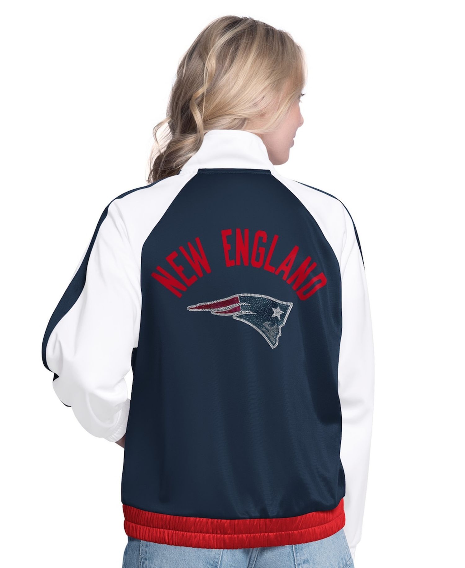 Women's White/Navy New England Patriots Rally Rhinestone Full-Zip Track Jacket