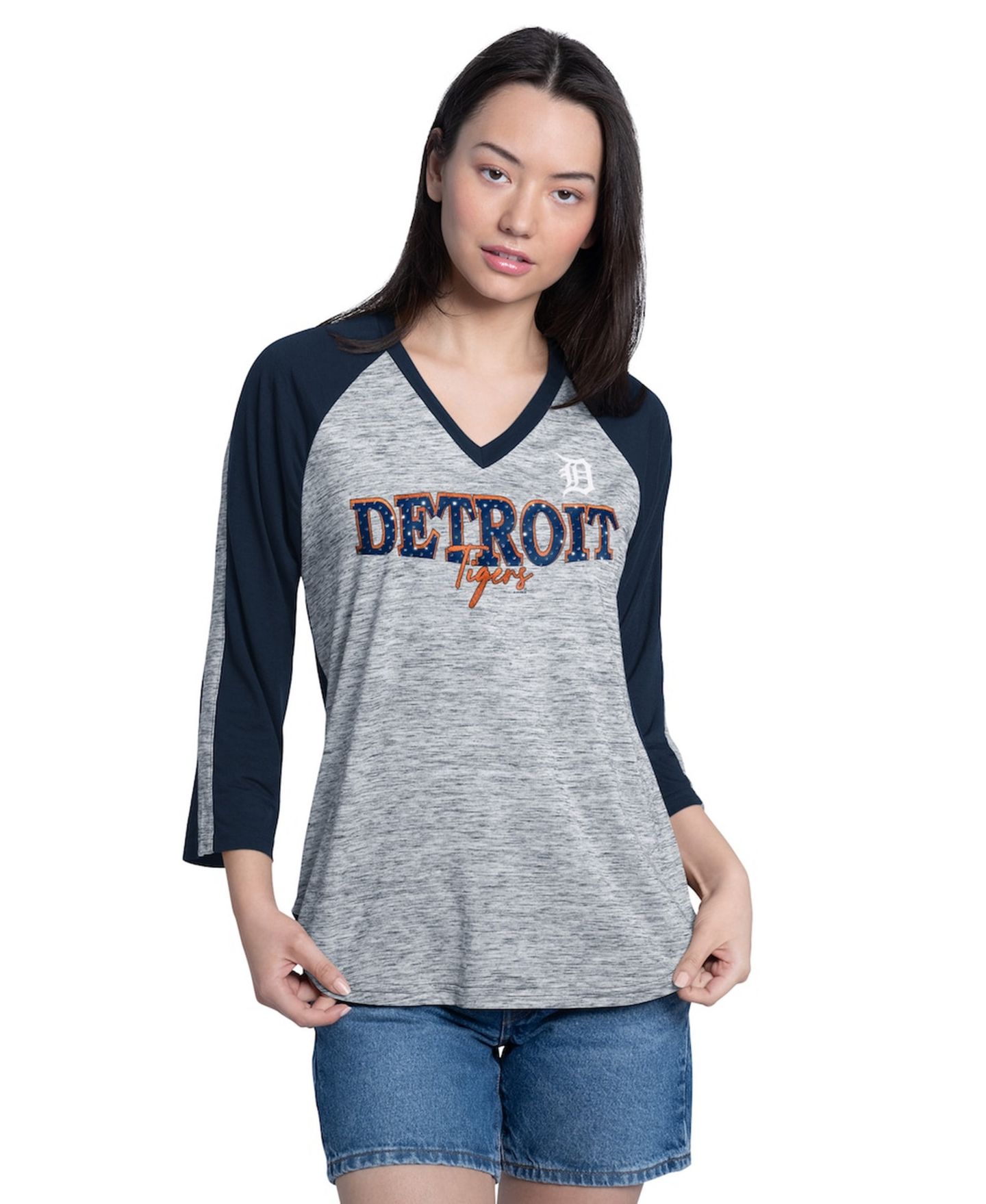 Женская футболка G-III 4Her by Carl Banks Navy/Heather Navy Detroit Tigers Speed Training 3/4-Sleeve Rhinestone V-Neck — фото 1