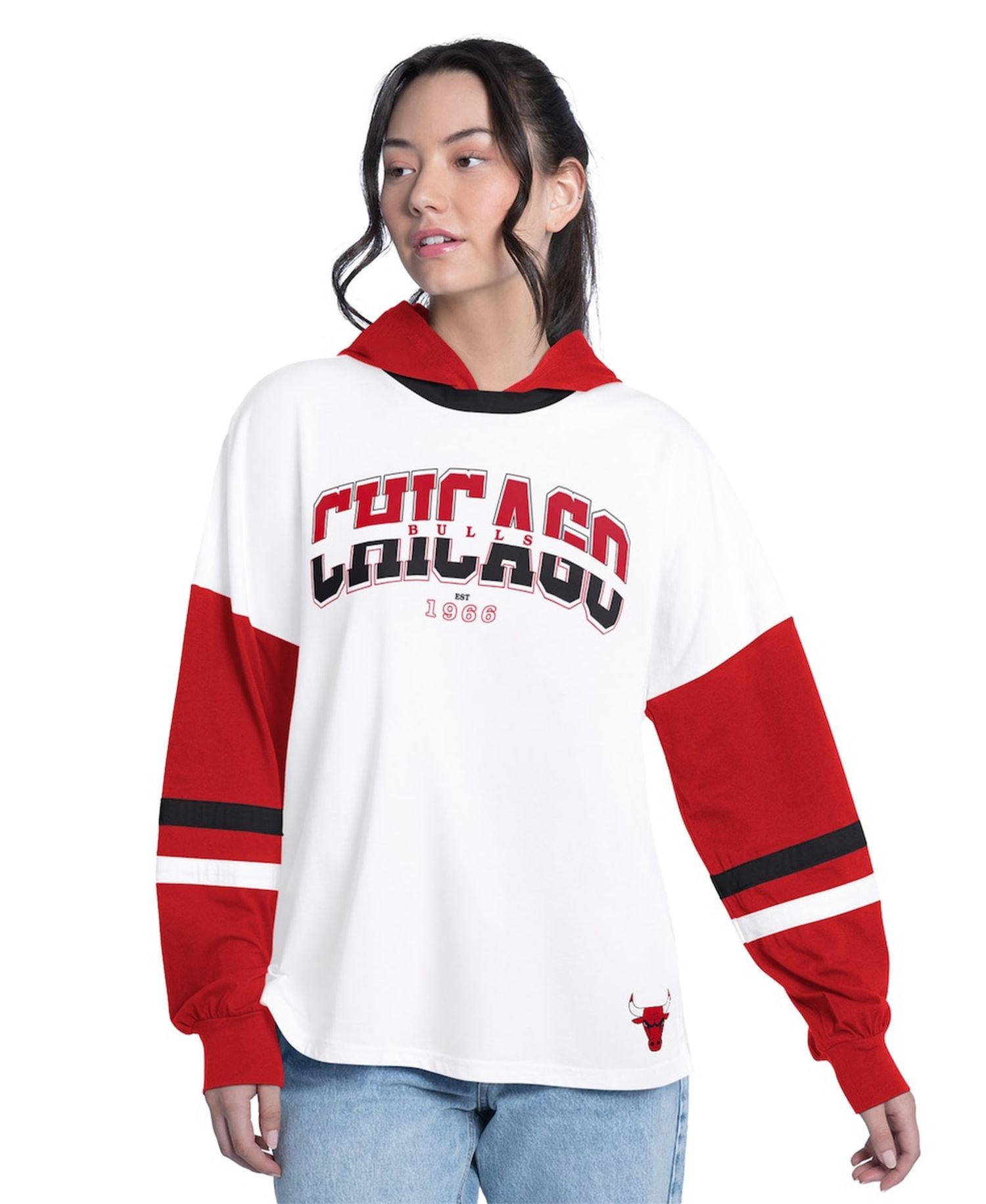 Women's White/Red Chicago Bulls Key Player Oversized Hooded Long Sleeve T-Shirt