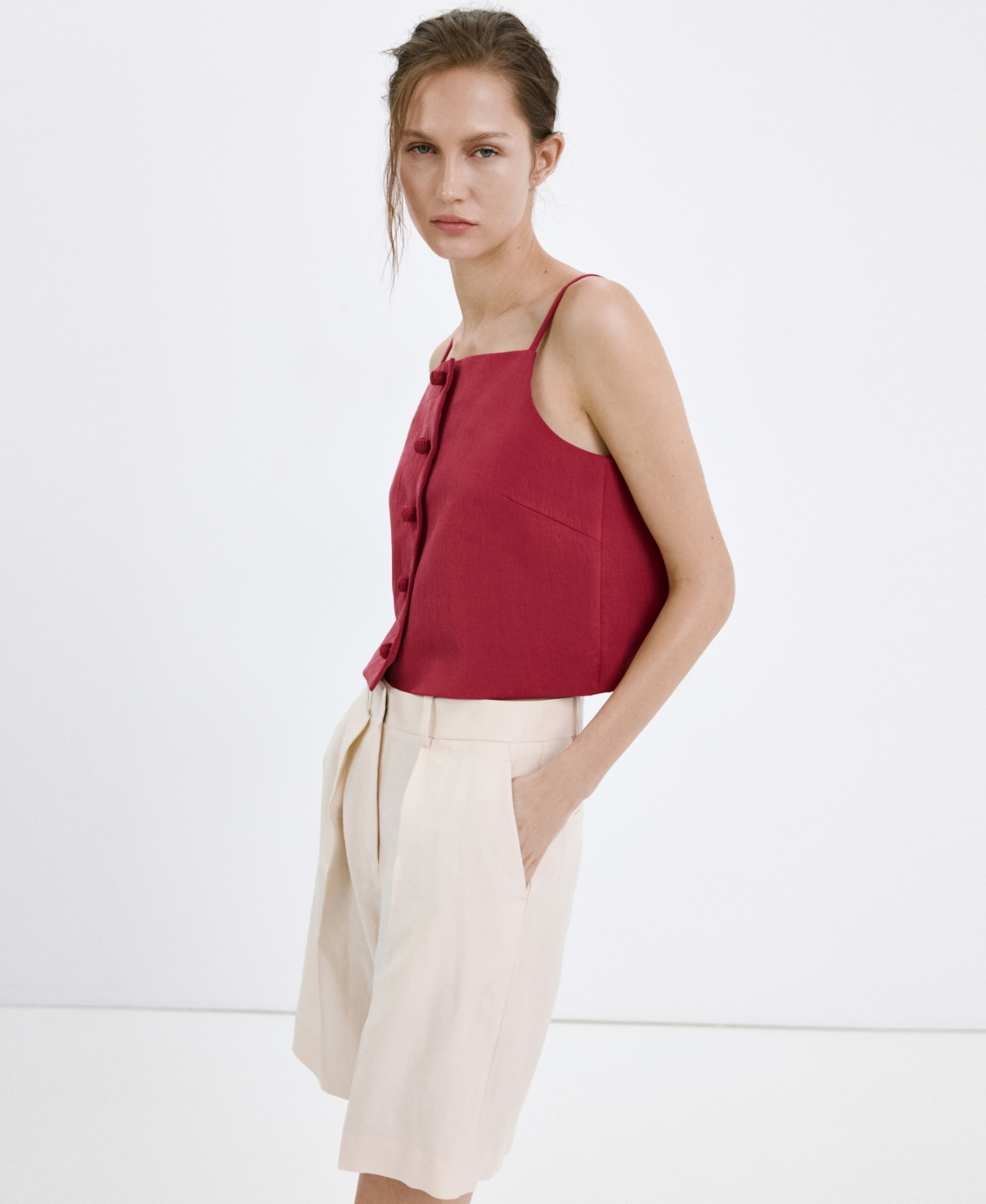 Mango Square Neck Button Front Top In Red