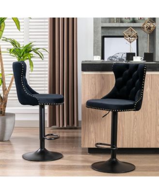 Set of 2 Velvet Bar Stools, Adjustable Swivel Counter Height Chairs with Back, Footrest and Nailhead Trim for Kitchen Island