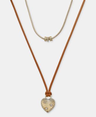 Gold-Tone and Faux-Leather Two-Row Pendant Necklace
