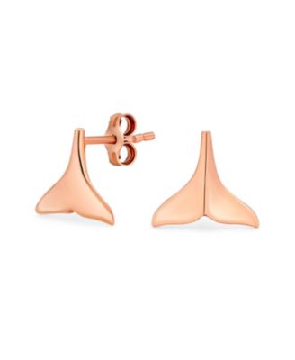 Nautical Mermaid Fin Whale Tail Stud Earrings .925 Sterling Silver Rose Gold Plated