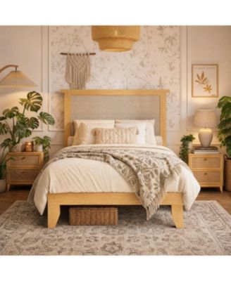 Rattan Bed Frame with Solid Wood Foundation & Natural Rattan Headboard and LED Lights