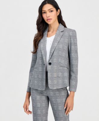 Petite Check One-Button Scrunch-Sleeve Jacket