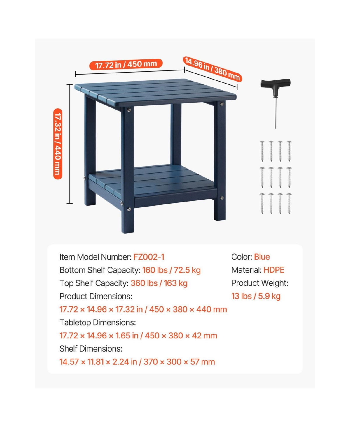 Cozito Outdoor Side Table, 17.72 x 14.96 x 17.32 inches 2-Tier Hdpe End Table
