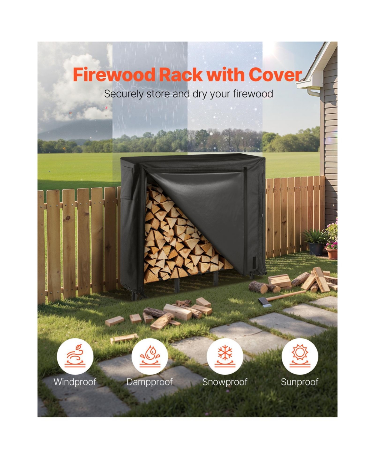Cozito Firewood Rack with Cover, 4 feet Outdoor 1/4 Cord Metal Log Holder