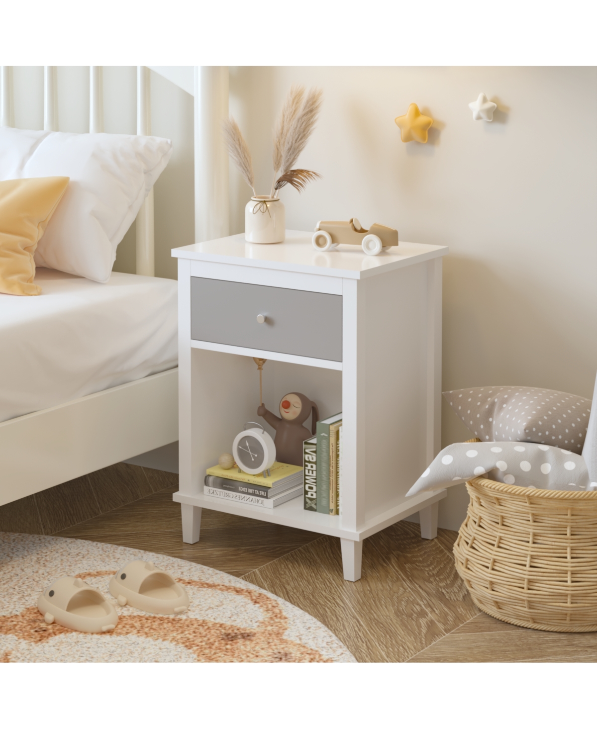 Rainsken Wooden Nightstand with Drawer and Open Storage Shelf, Modern Bedside Table