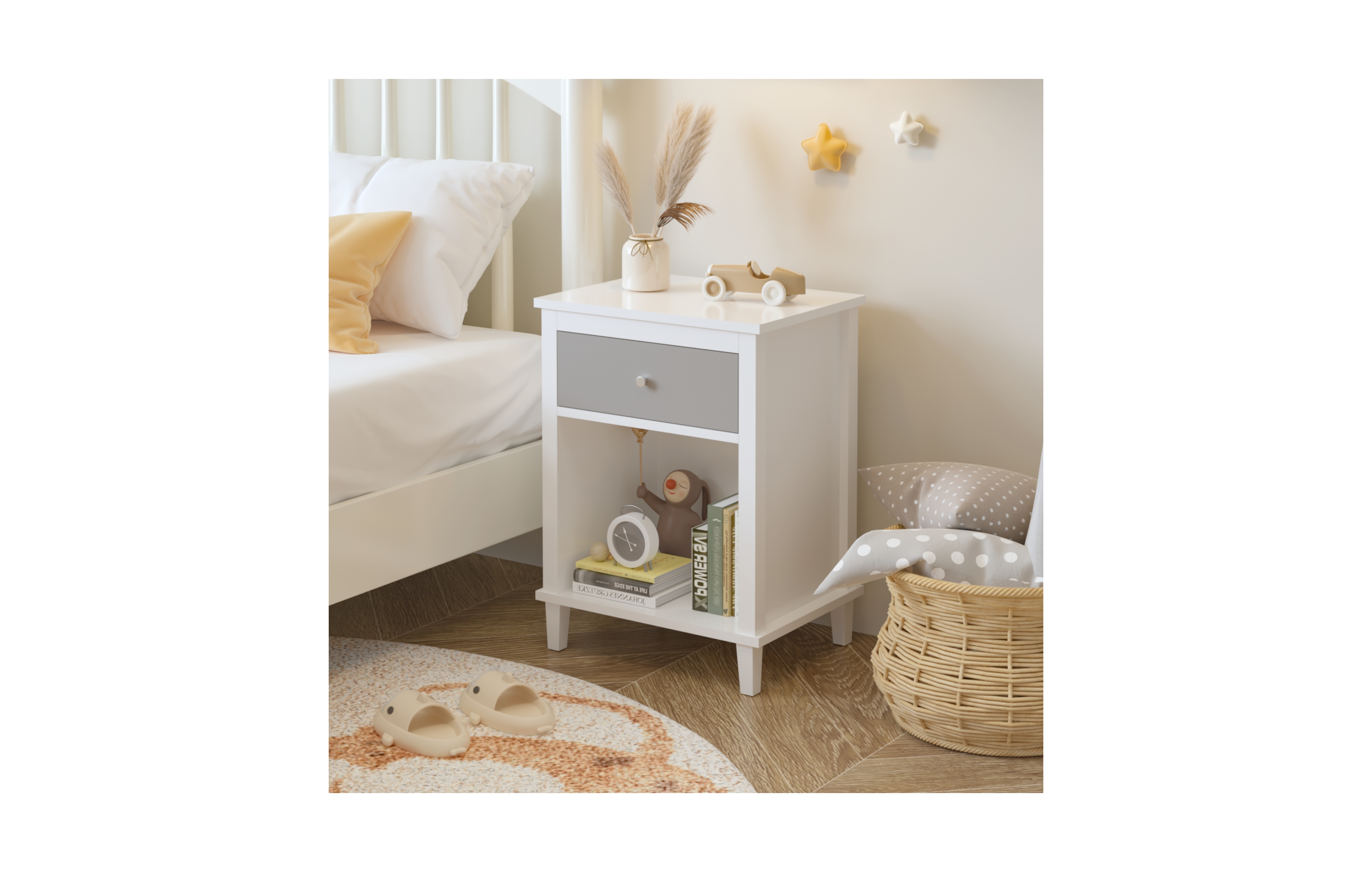 Rainsken Wooden Nightstand with Drawer and Open Storage Shelf, Modern Bedside Table