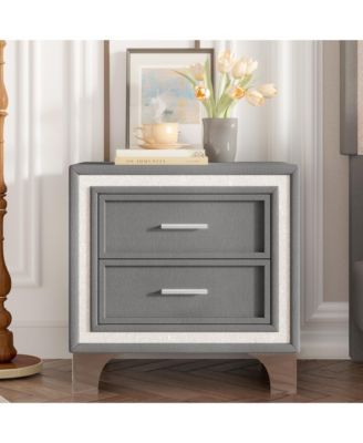 2 Drawers Nightstand with Silver Glitter Strip Decor and Metal Legs, Velvet Bedside Table End Table for Bedroom, Living Room