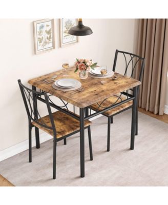 3-Piece Dining Table Set for 2 with Metal & Wood Chairs - Space-Saving Square Kitchen Table Set