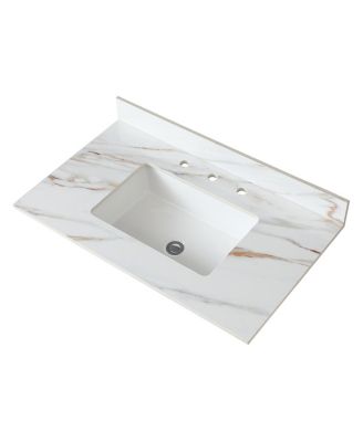 Sintered Stone Bathroom Vanity Top with Rectangular Sink, Carrara Marble Look, Water and Stain Resistant, 4" Backsplash, 31/37/43 Inch