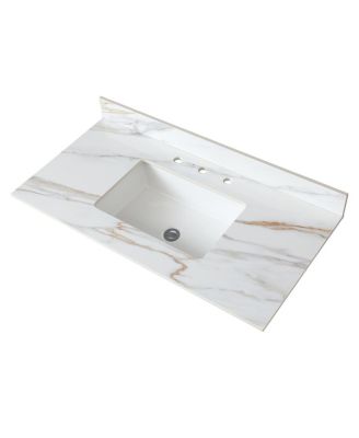 Sintered Stone Bathroom Vanity Top with Rectangular Sink, Carrara Marble Look, Water and Stain Resistant, 4" Backsplash, 31/37/43 Inch