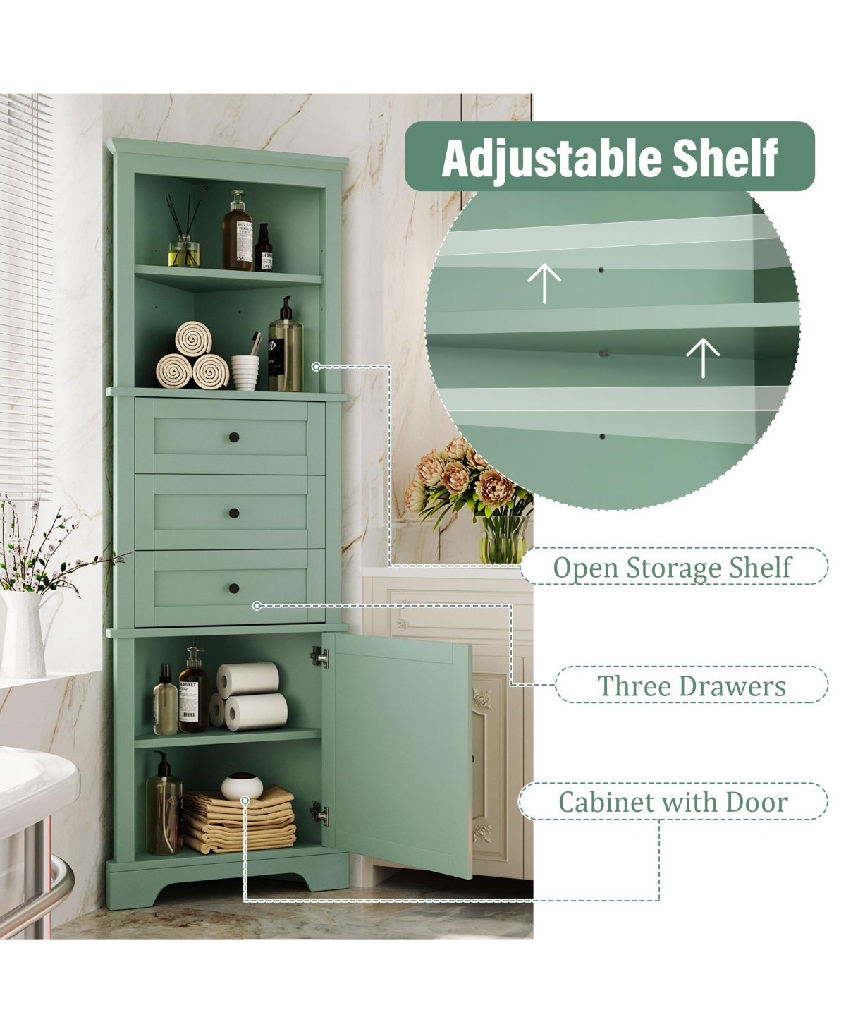 Midola Triangle Tall Cabinet with 3 Drawers and Adjustable Shelves for Bathroom, Kitchen or Living Room, Mdf Board with Painted Finish