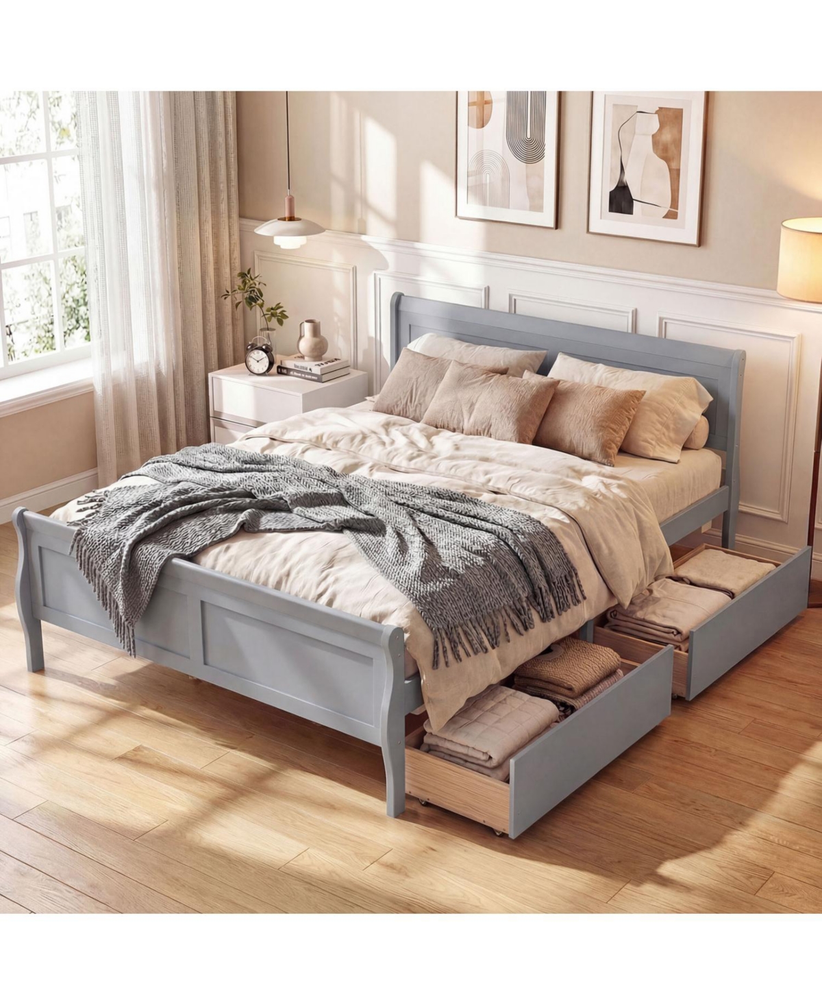 Slickblue Wooden Bed Frame with Built-In Storage Drawers and Footboard