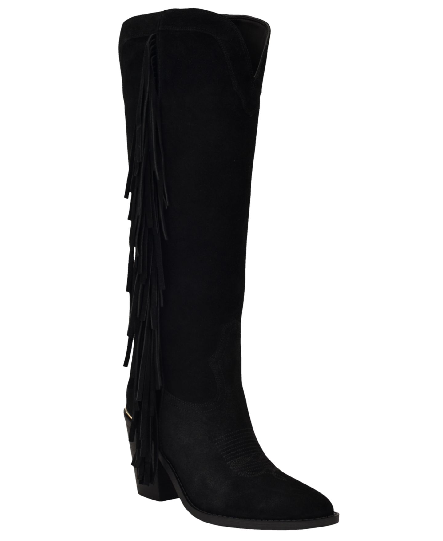 Женские ботинки GUESS Sashle Western Fringe Knee High Heeled Boot, цвет: Чёрный замшевый — фото 1