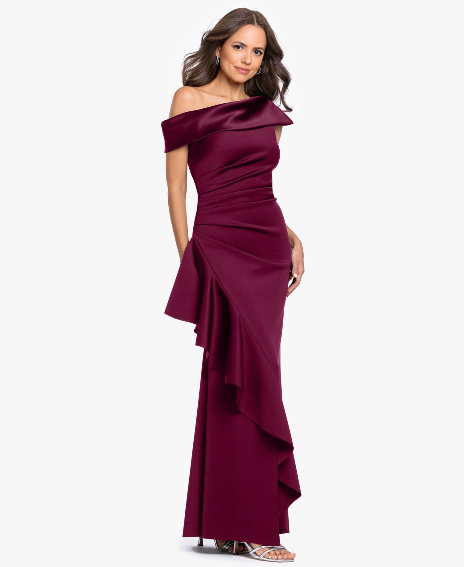 Petite Asymmetrical One-Shoulder Ruffle Gown Dress