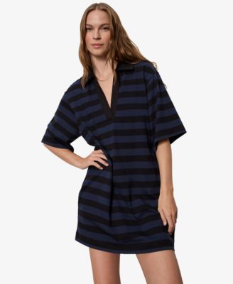Women's Striped Oversized Spread Collar T-Shirt-Dress