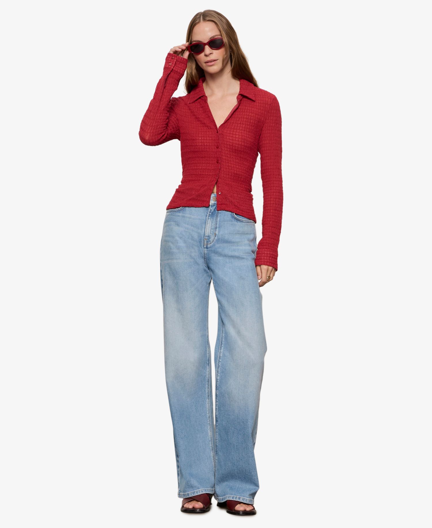 Petite Juno Textured Long-Sleeve Spread Collar Shirt