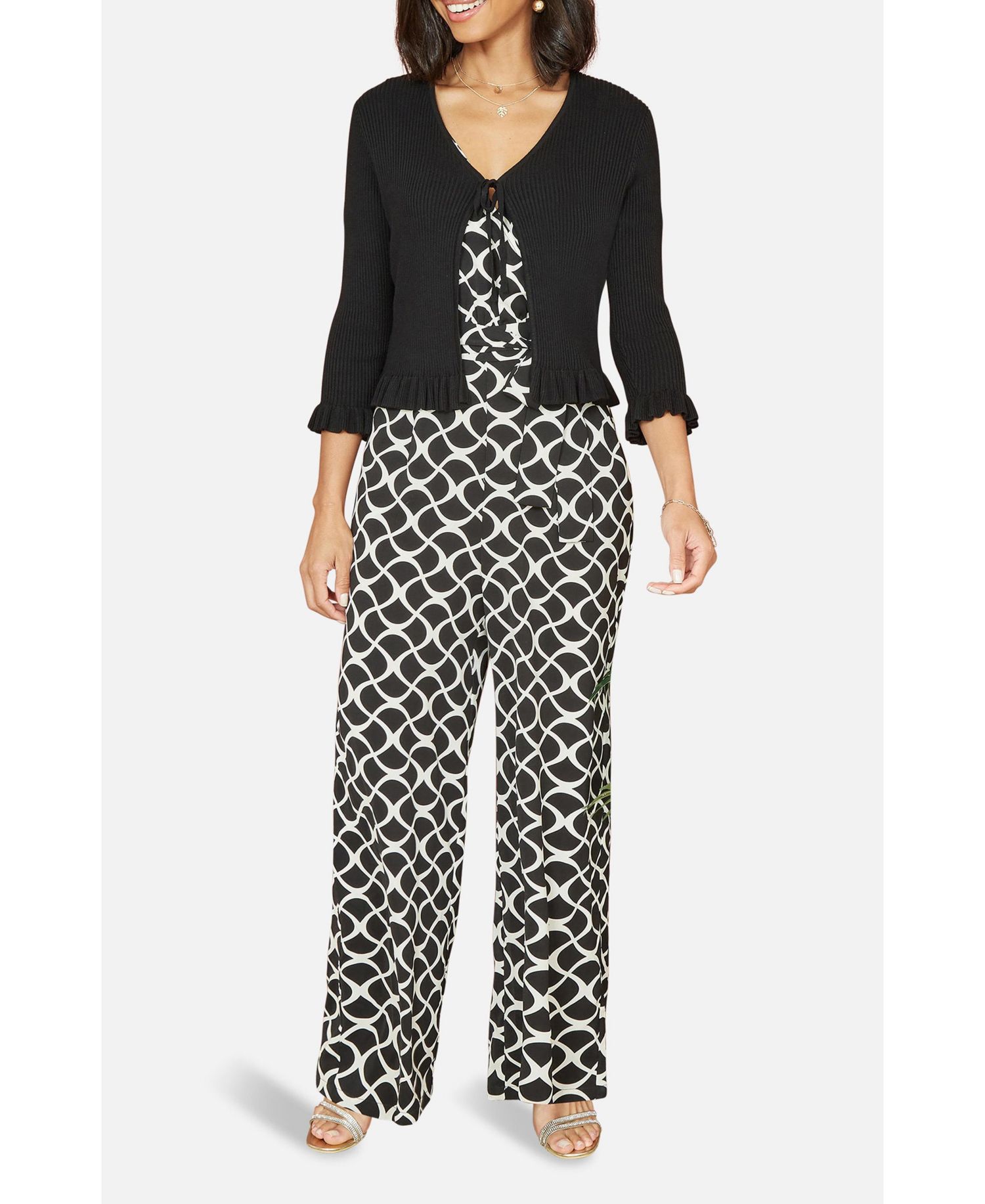 Women's Tie Front Frilled Hem Ribbed Cardigan