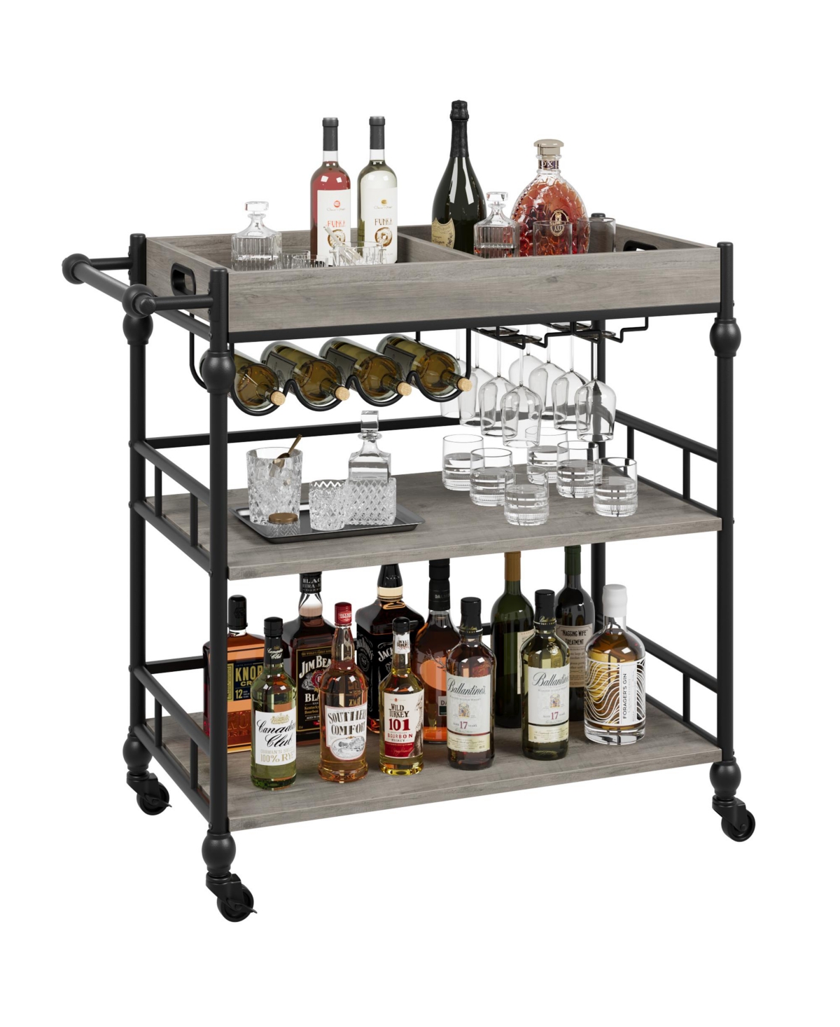 homfan 3-Tier Bar Cart with Wheels, Rolling Beverage Cart with Wine Rack and Removable Tray