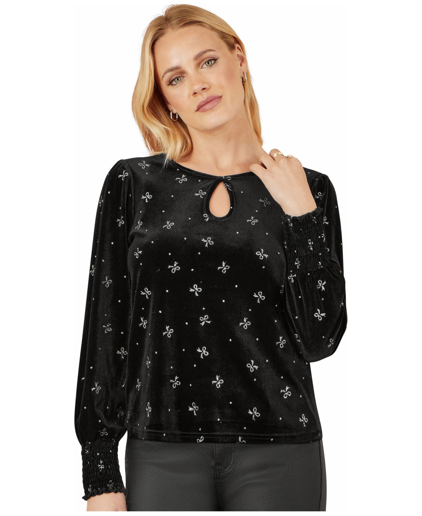 Женский топ Yumi Sparkle Bow Print Velvet, цвет: Чёрный — фото 1