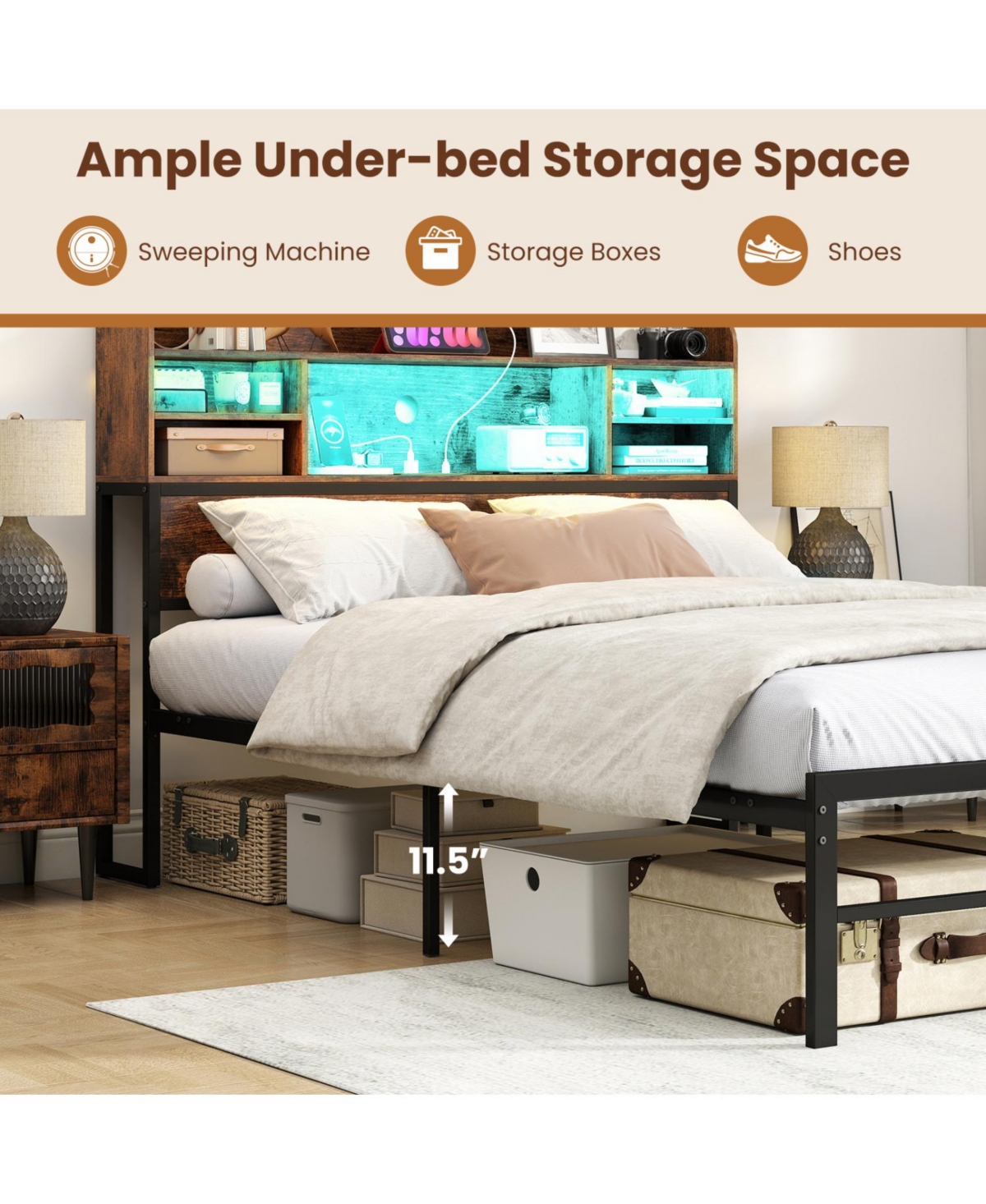 Slickblue Full Bed Frame with Led Headboard Lights and Convenient Charging Station