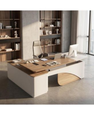 86" Electric Adjustable Height L Shaped Standing Executive Desk with Drawers and Shelves