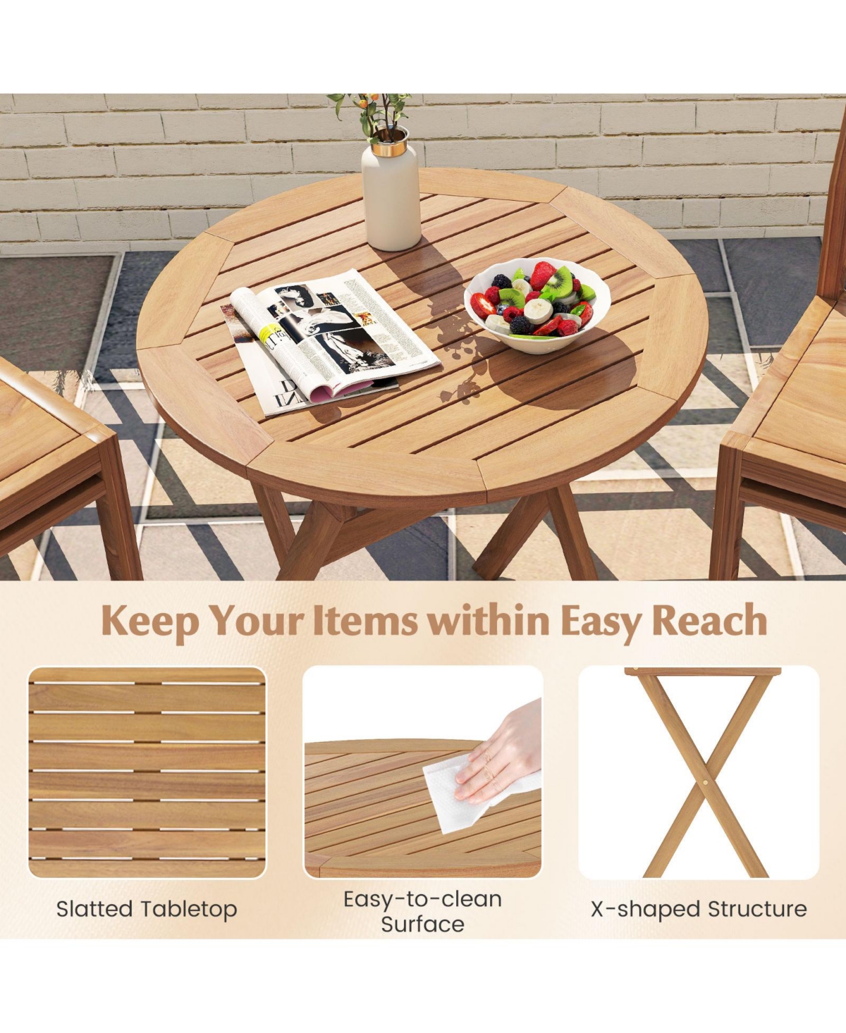 Sugift Outdoor Side Table with Slatted Tabletop and X-Shaped Structure