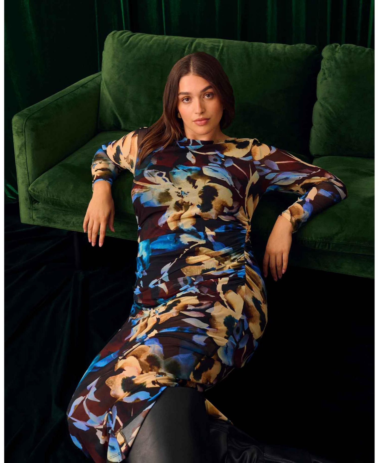 Women's Cleo Floral Mesh Ruched Bodycon Midi Dress