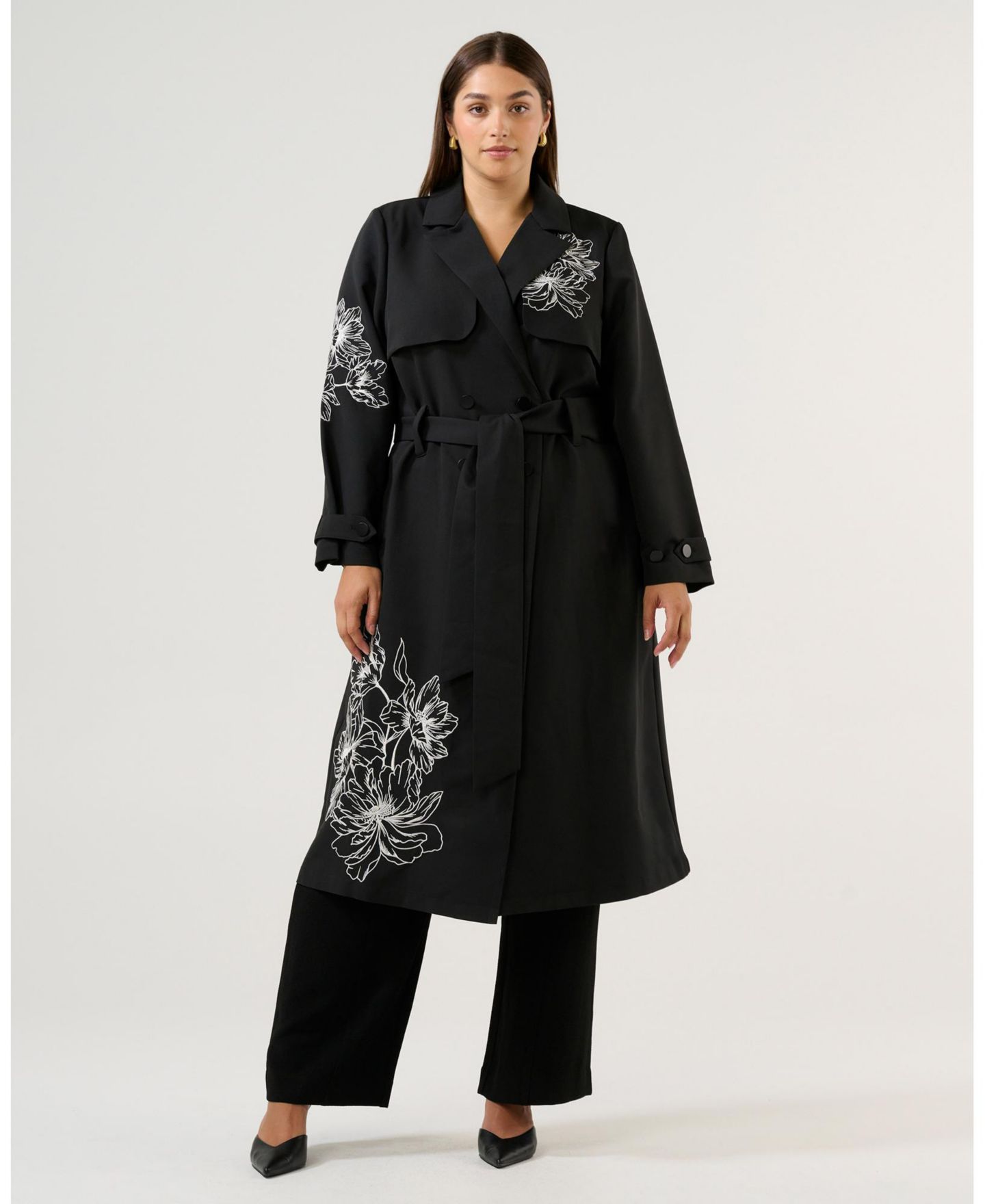 Женское пальто ESTELLE Monet Embroidered Belted Full-Length Trench, цвет: Чёрный / Кремовый — фото 4