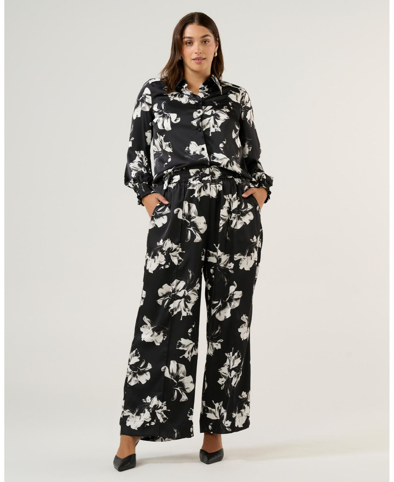 Women's Gilda Floral Wide-Leg Satin Elasticated Pant
