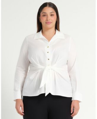 Plus Size Leo Collared V-Neck Button Tie-Front Shirt