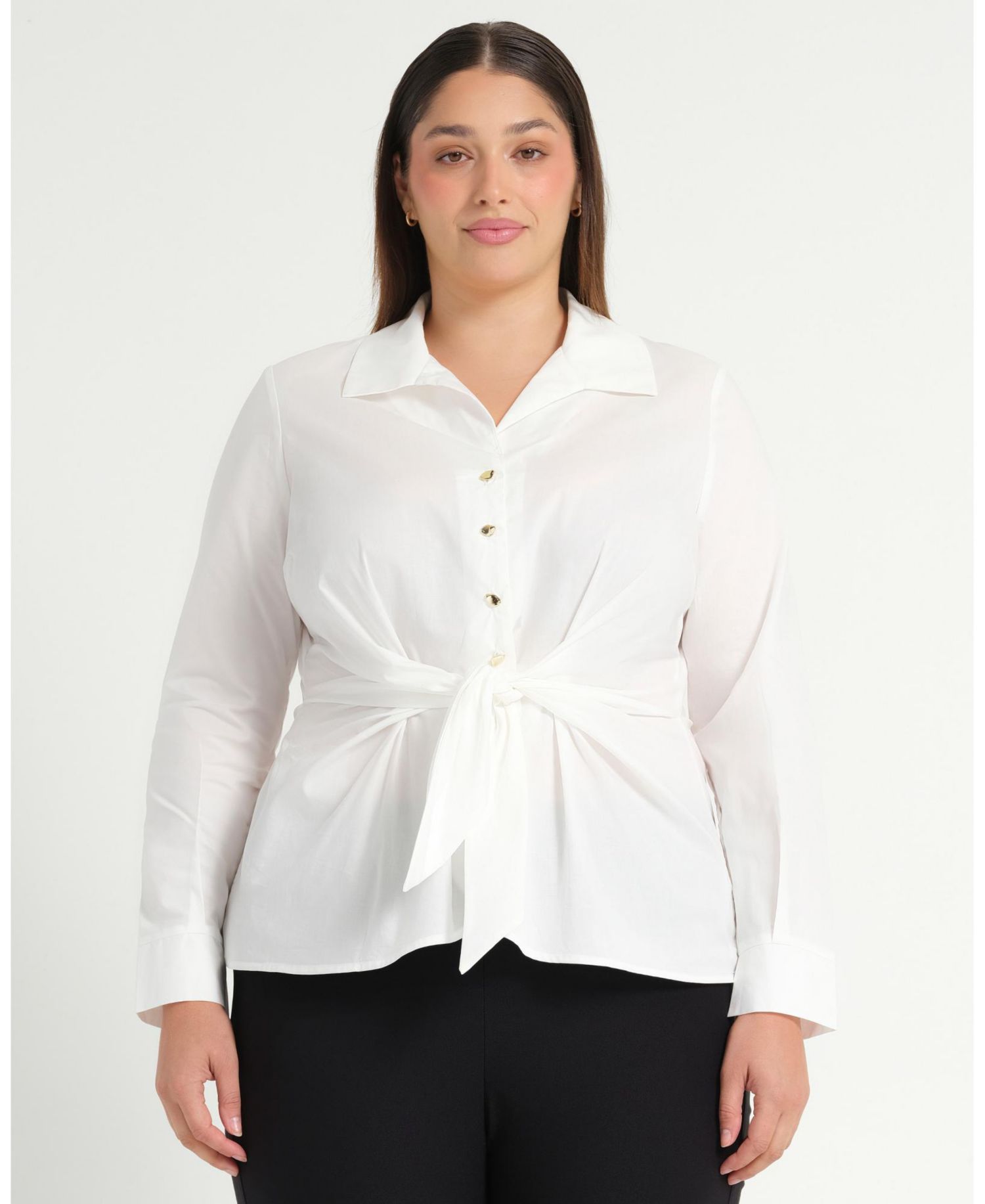 Plus Size Leo Collared V-Neck Button Tie-Front Shirt