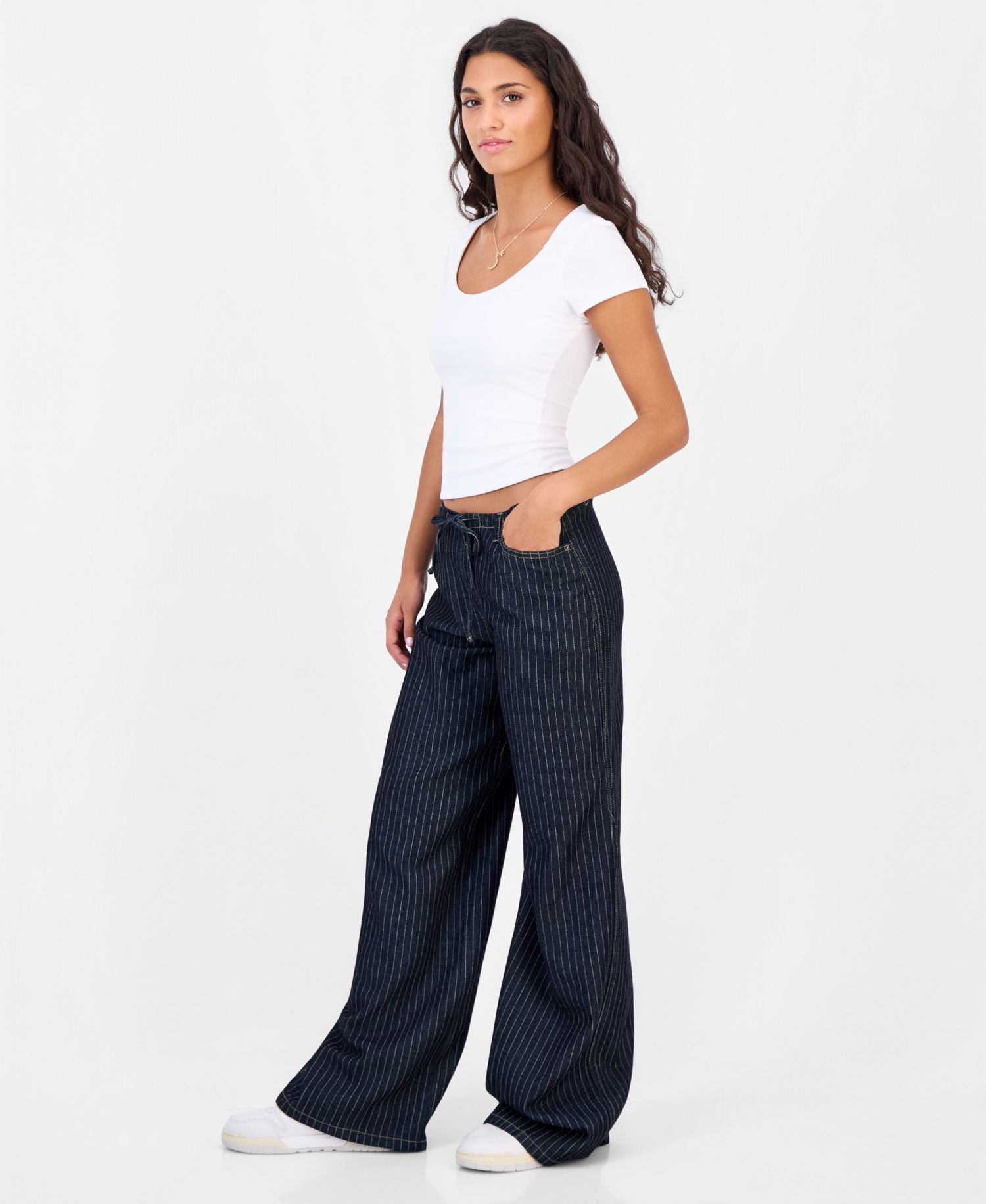 Juniors' Striped Wide-Leg Pull-On Jeans